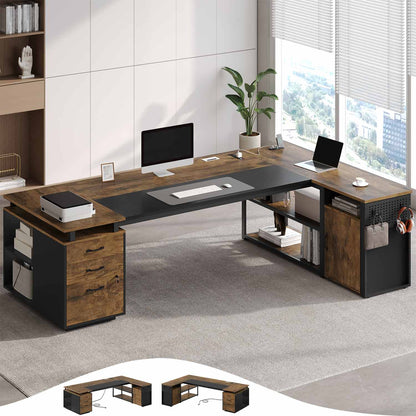 78 Inch L Shaped Executive Desk with Power Outlets Rustic Brown