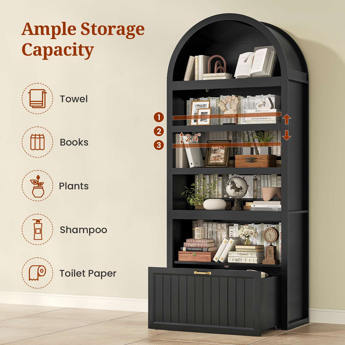 81" Arched Bookcase with 6-Tier Storage & Cabinet Black