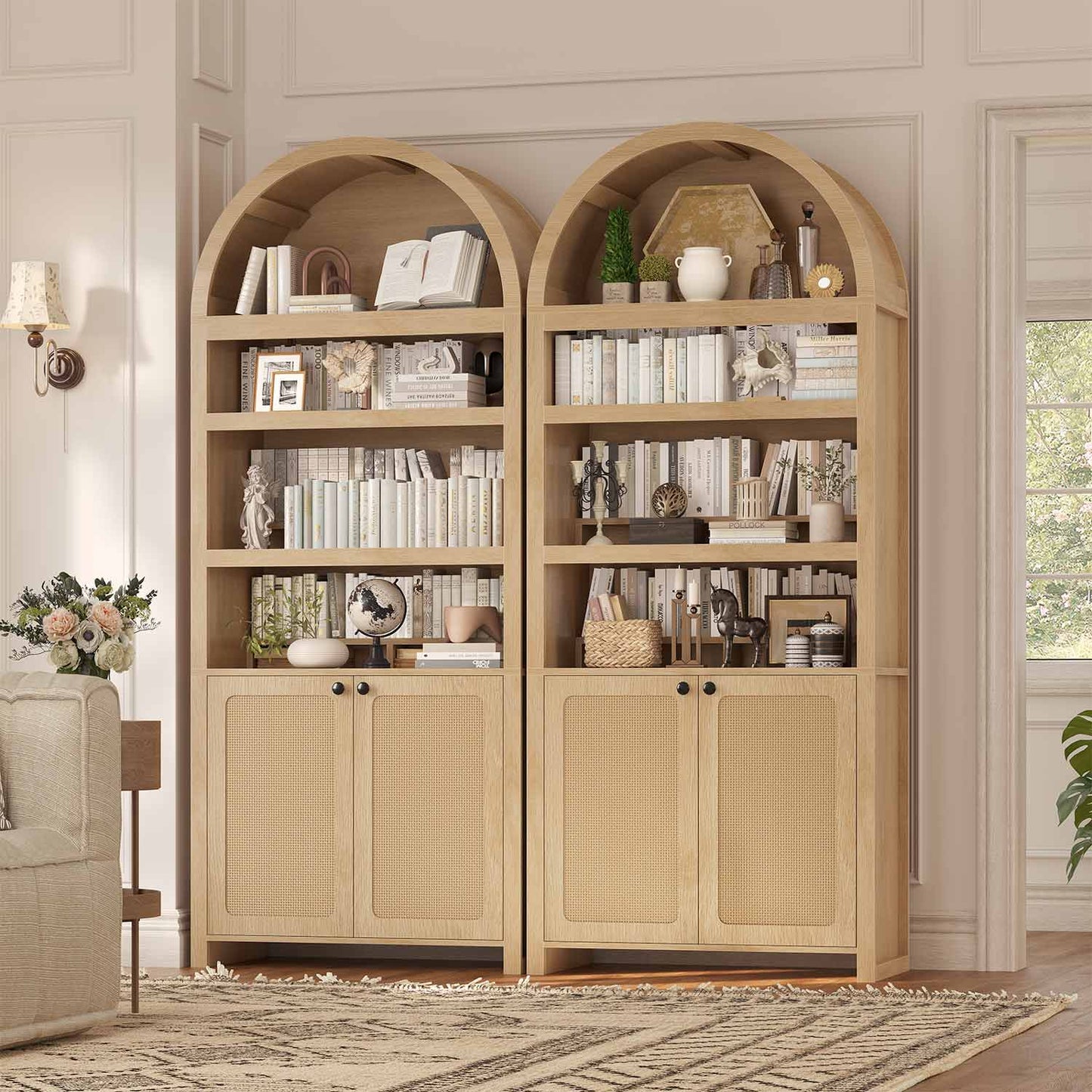 81 Inches Tall Arched 6-Tier Bookcase with Door Oak