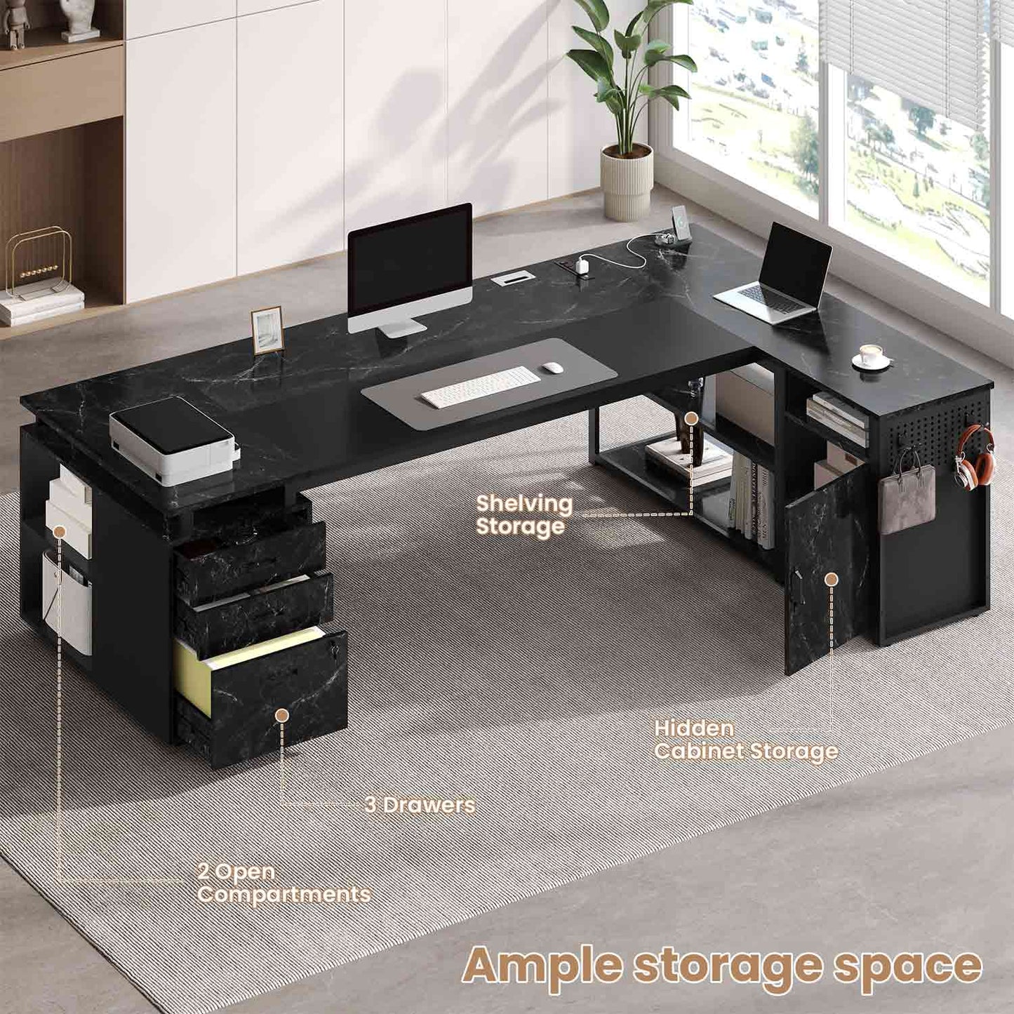 78 Inch L Shaped Executive Desk with Power Outlets Marble Grain