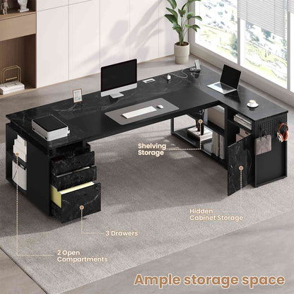 78 Inch L Shaped Executive Desk with Power Outlets Marble Grain