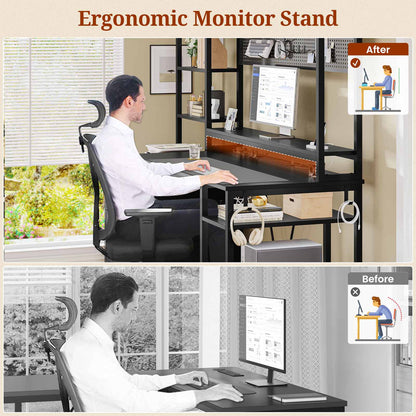 Reversible Computer Desk with Power Outlets & LED Light Black