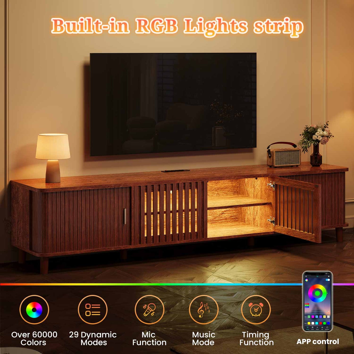 TV Stand with Fluted Sliding Doors & Station RGB LED Lights Media Console Cherry