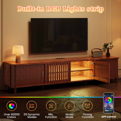 TV Stand with Fluted Sliding Doors & Station RGB LED Lights Media Console Cherry