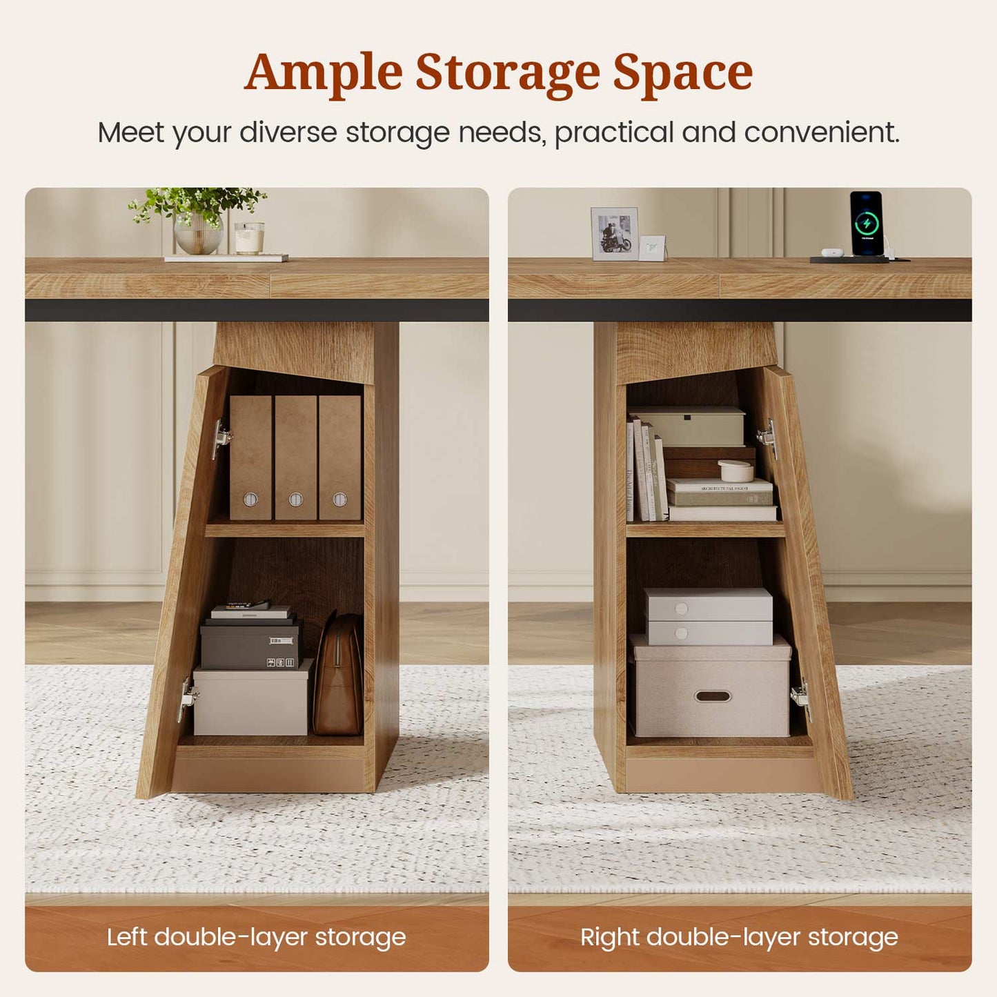Executive Desk with Power Outlet and Storage Cabinet – Oak