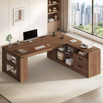 71" L Shaped Executive Desk with Storage and Power Walnut