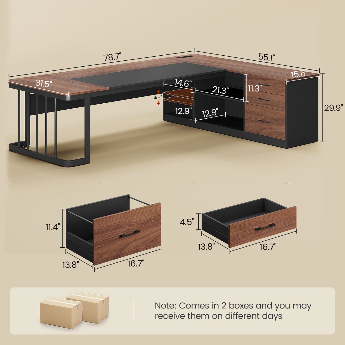 78.7" L Shaped Executive Desk with Drawers Storage Shelves Walnut