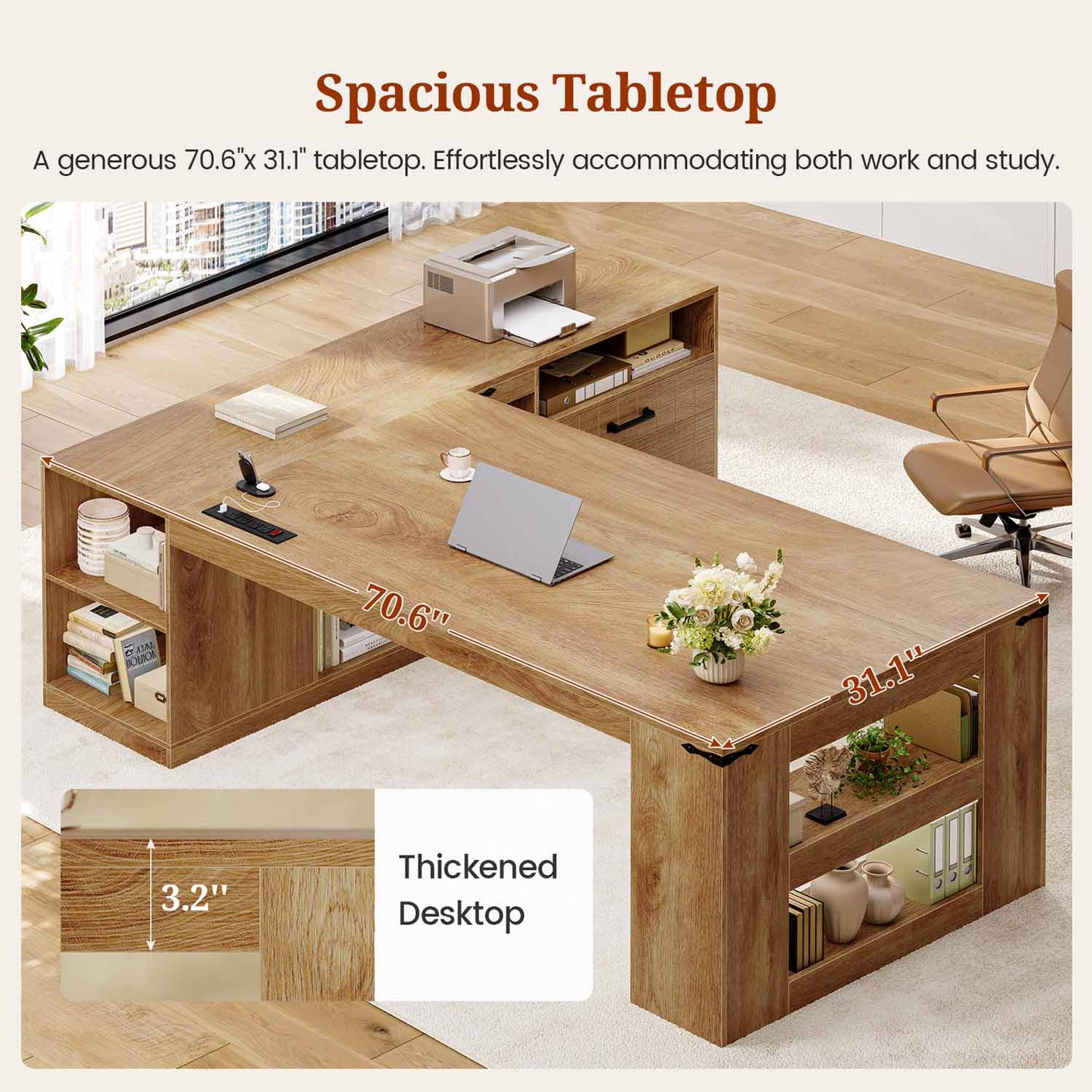 71" L Shaped Executive Desk with Drawers & Power Outlets Oak