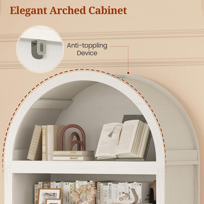 81" Arched Bookcase with Adjustable Shelves and Cabinet Antique White