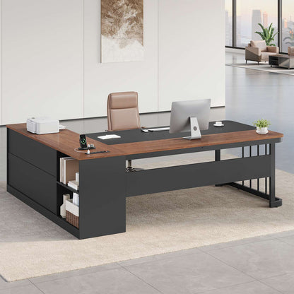 71" L Shaped Large Office Desk with Drawers & Storage Shelves Walnut