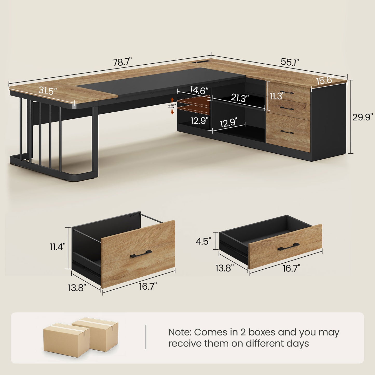 78.7" L Shaped Executive Desk with Drawers Storage Shelves Oak