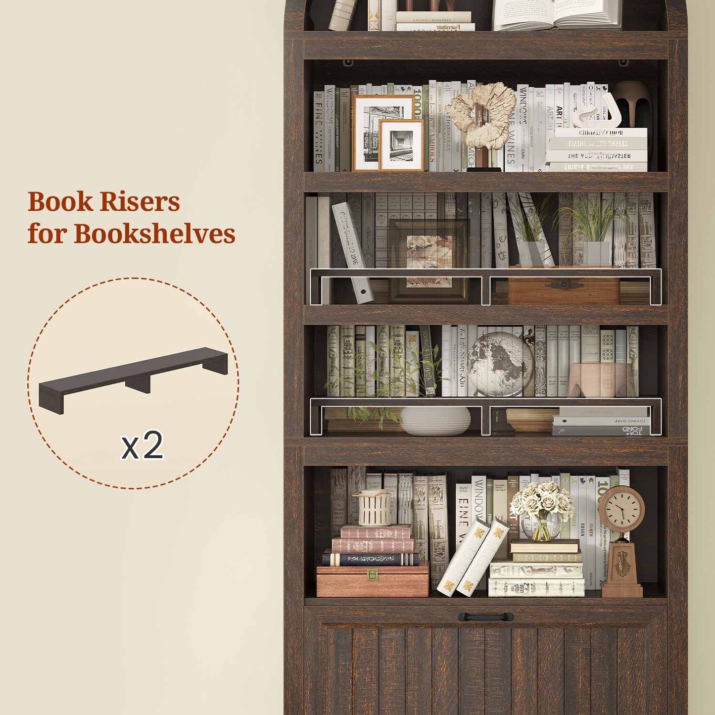 Arched Bookcase with Drawer storage & 2 Book Risers  Walnut 