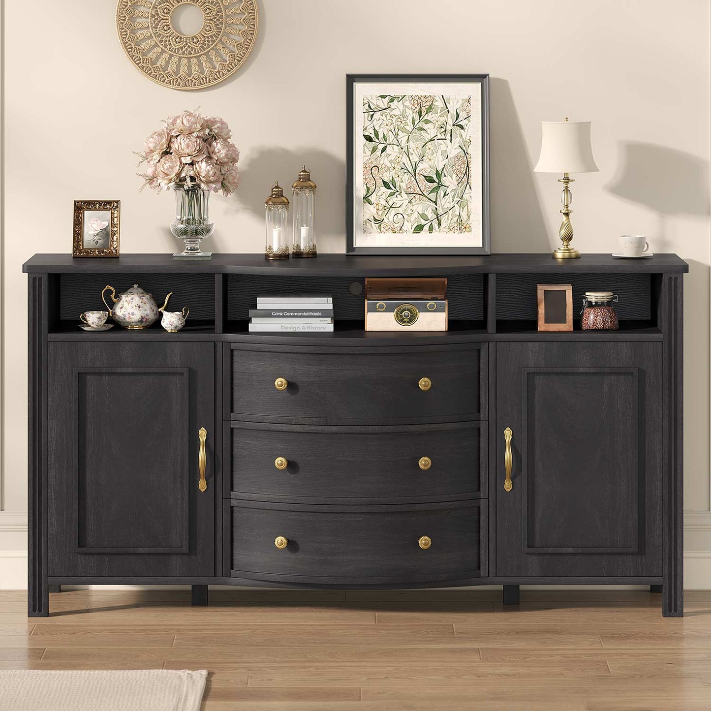 Farmhouse Buffet Cabinet with Storage & 3 Drawers Grey