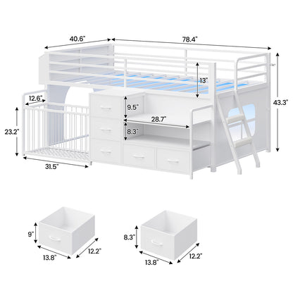 Twin Size Low Loft Bed with Storage Shelves Drawers and LED Lights White
