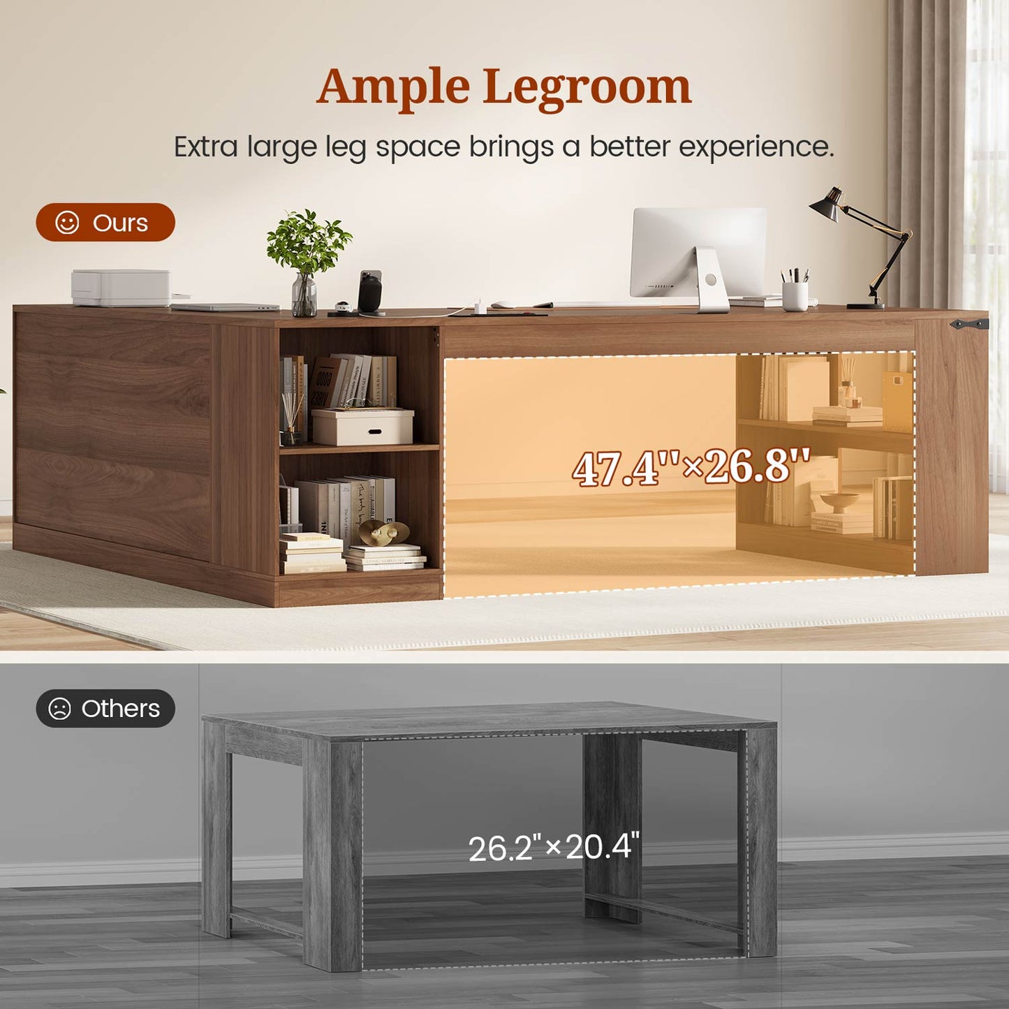 71" L Shaped Executive Desk with Storage and Power Walnut