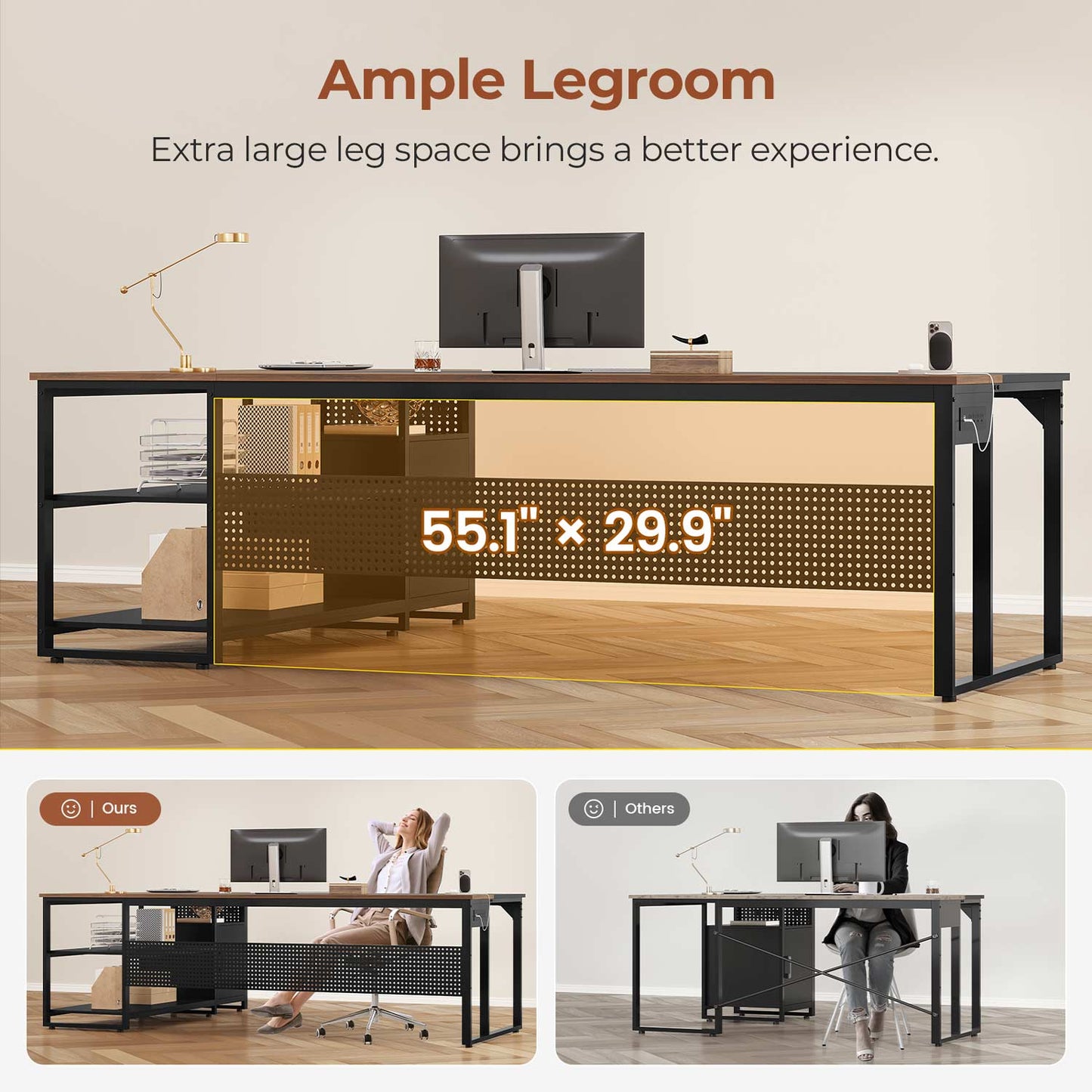 71" Reversible L Shaped Desk with Power Outlets Walnut
