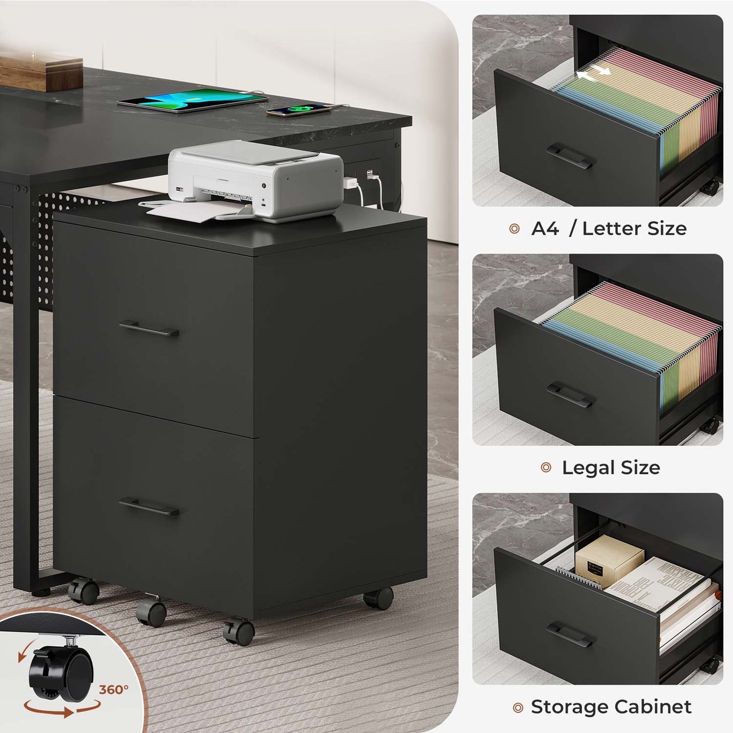 71" Reversible L Shaped Executive Desk with Power Outlets & Storage Shelves Black