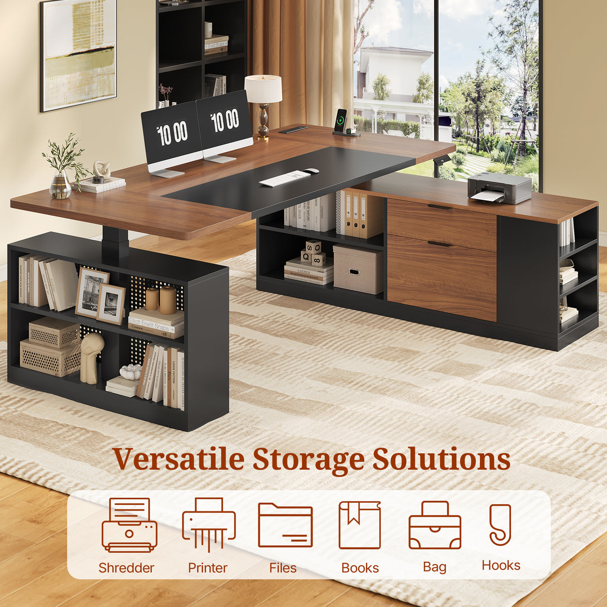 Electric L Shaped Standing Desk with Storage Shelves and Power Outlet Black