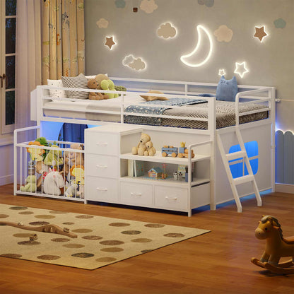 Twin Size Low Loft Bed with Storage Shelves Drawers and LED Lights White