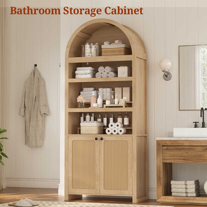 81 Inches Tall Arched 6-Tier Bookcase with Door Oak