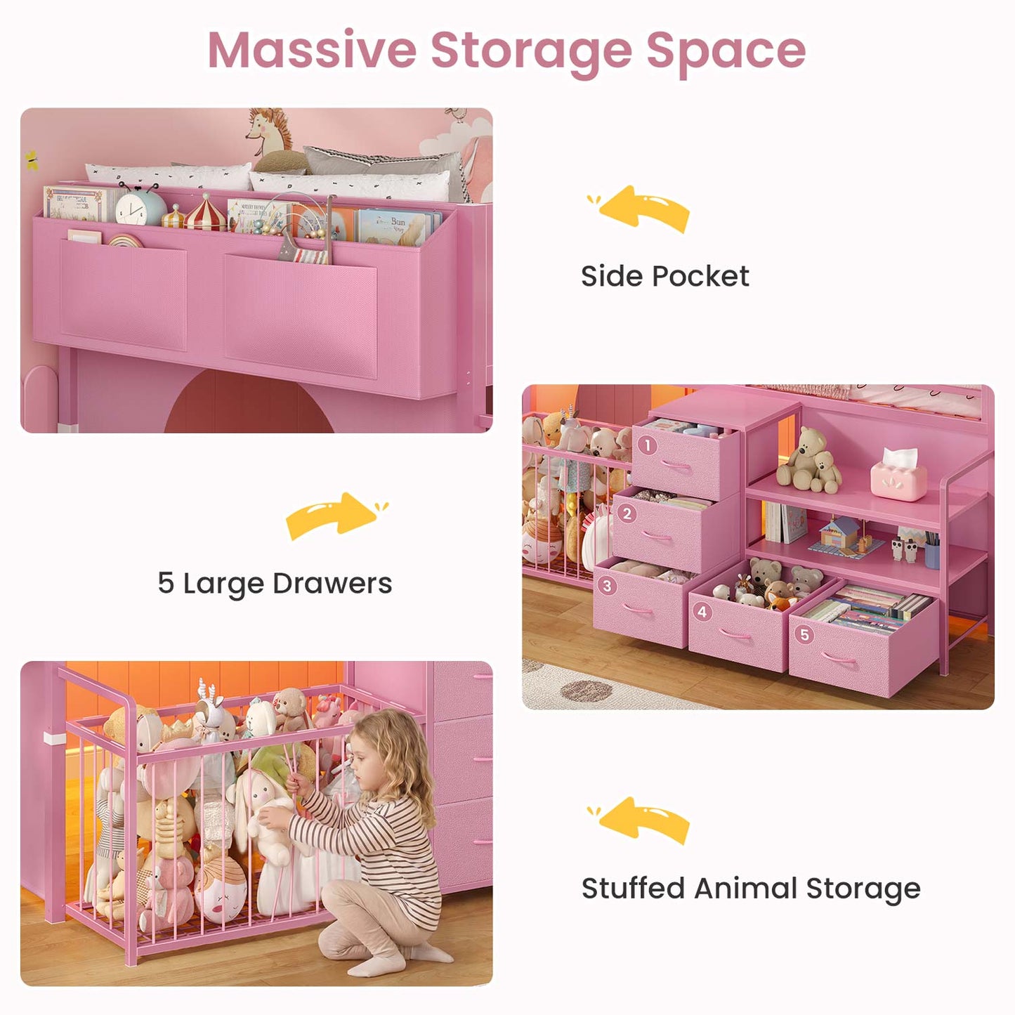 Twin Size Low Loft Bed with Storage Shelves Drawers and LED Lights Pink
