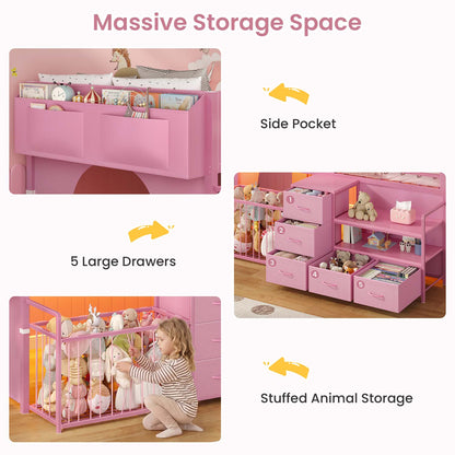 Twin Size Low Loft Bed with Storage Shelves Drawers and LED Lights Pink