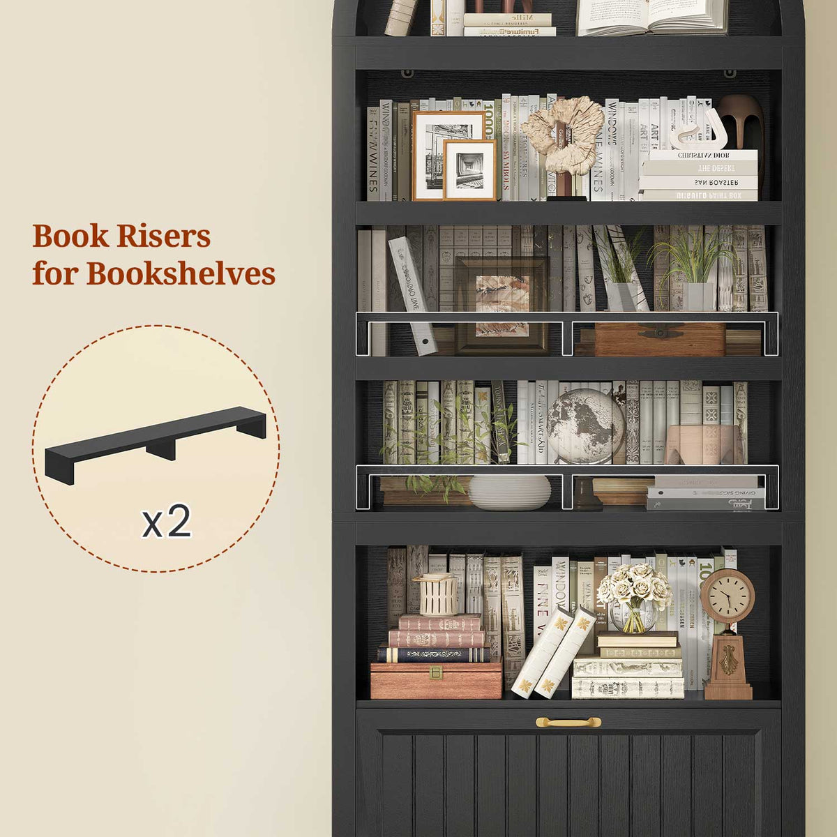 81" Arched Bookcase with 6-Tier Storage & Cabinet Black