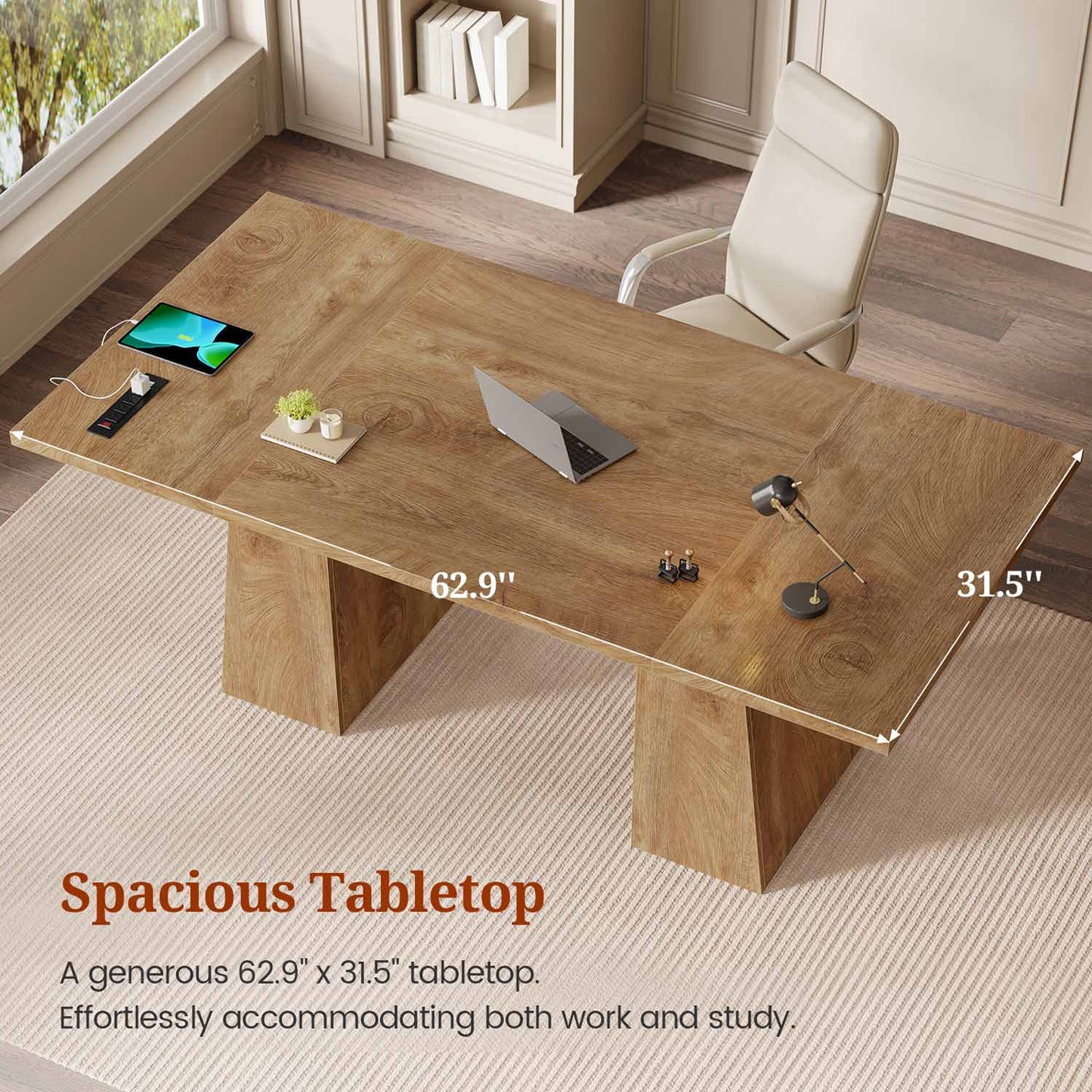 Executive Desk with Power Outlet and Storage Cabinet – Oak