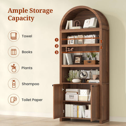 81" Arched Bookcase with Adjustable Shelves and Cabinet Brown
