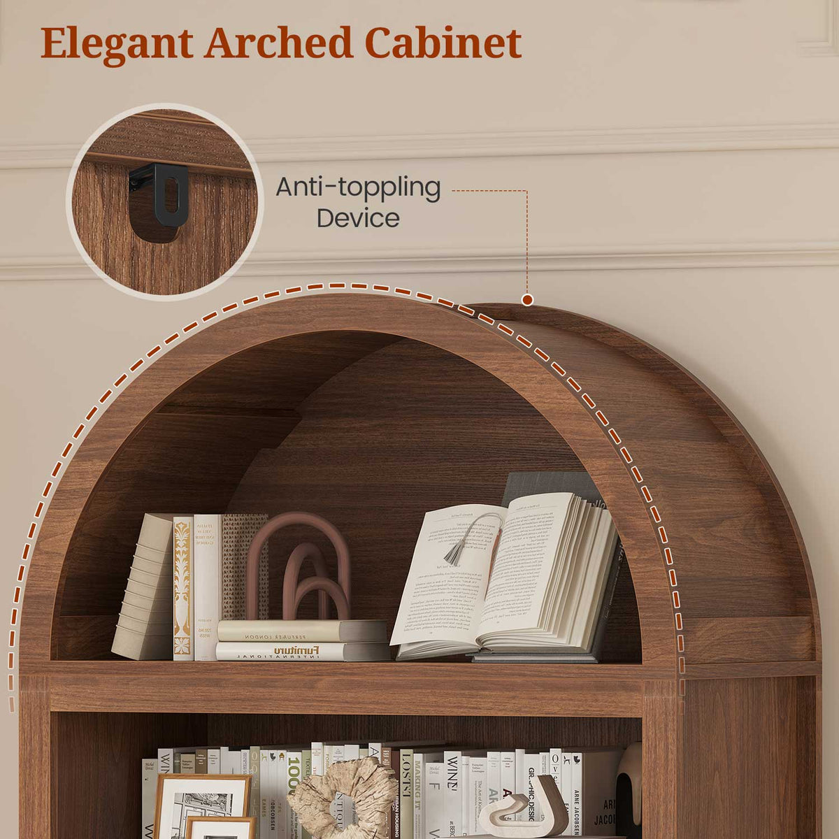 81" Arched Bookcase with Adjustable Shelves and Cabinet Brown