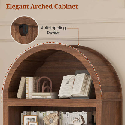 81" Arched Bookcase with Adjustable Shelves and Cabinet Brown