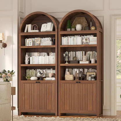 81" Arched Bookcase with Adjustable Shelves and Cabinet Brown
