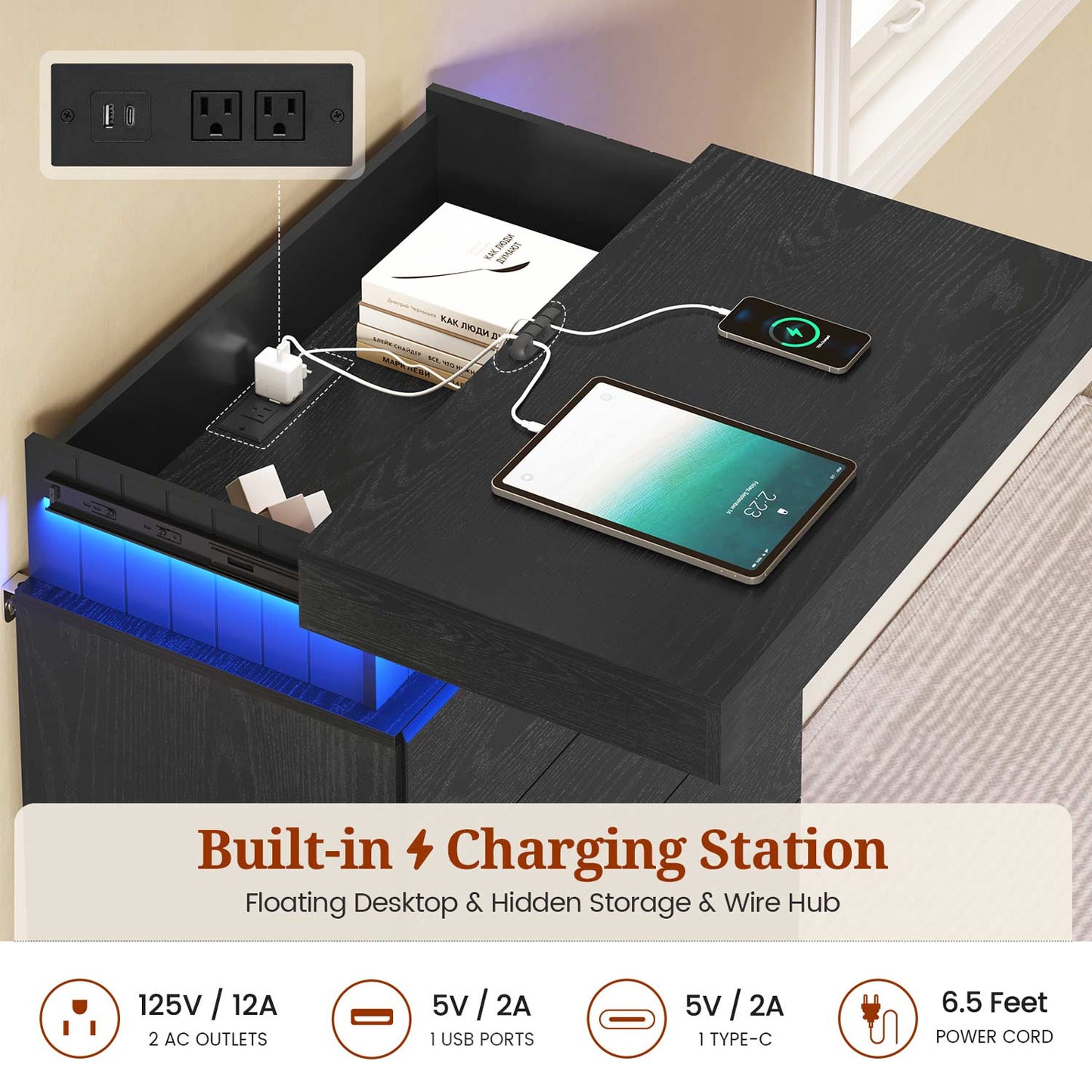 Tall Black 6 Dresser with Sliding Top Storage Space