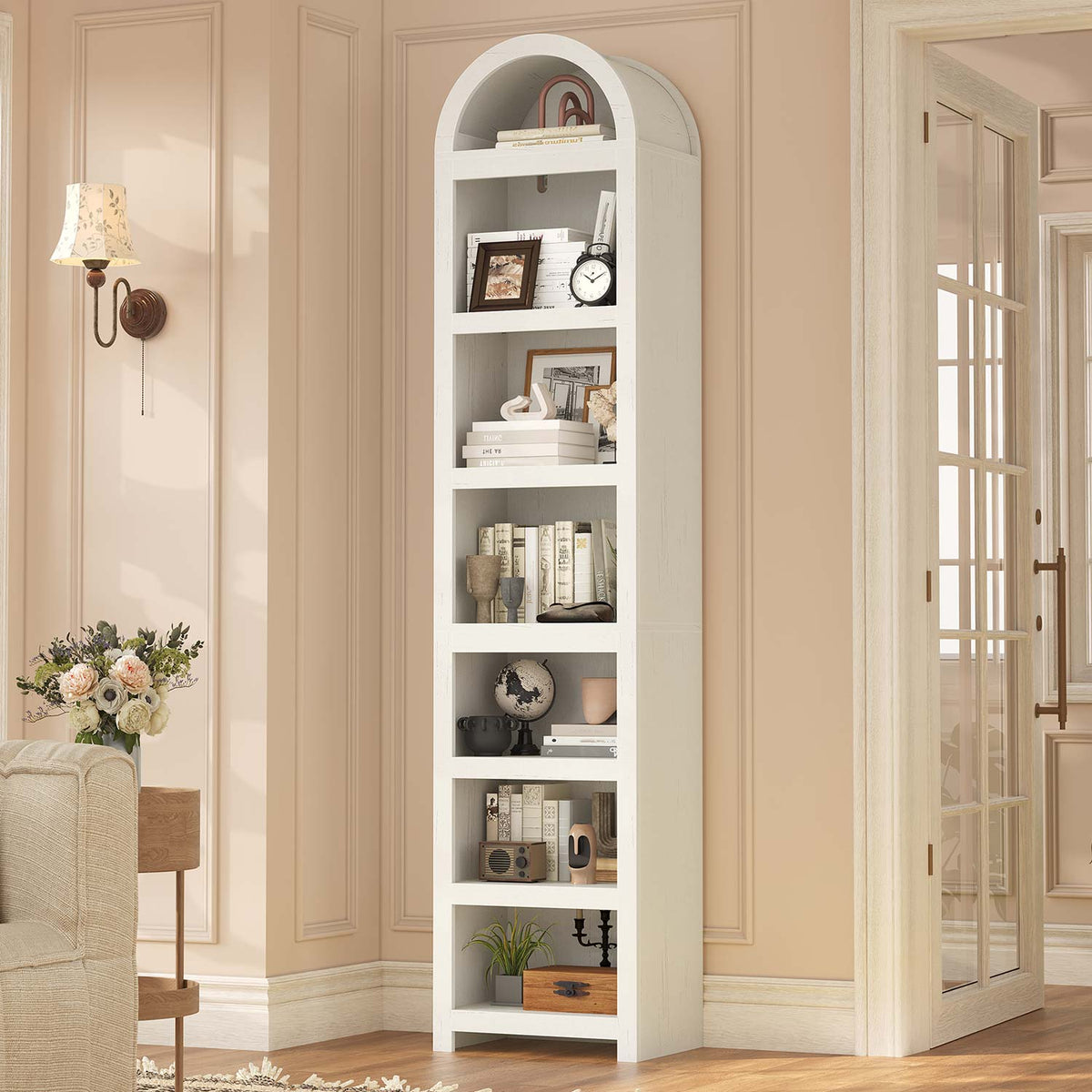 76" Arched Bookcase with Adjustable Shelves White
