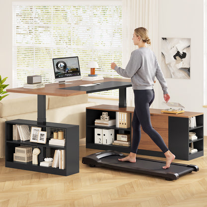 Electric L Shaped Standing Desk with Storage Shelves and Power Outlet Black