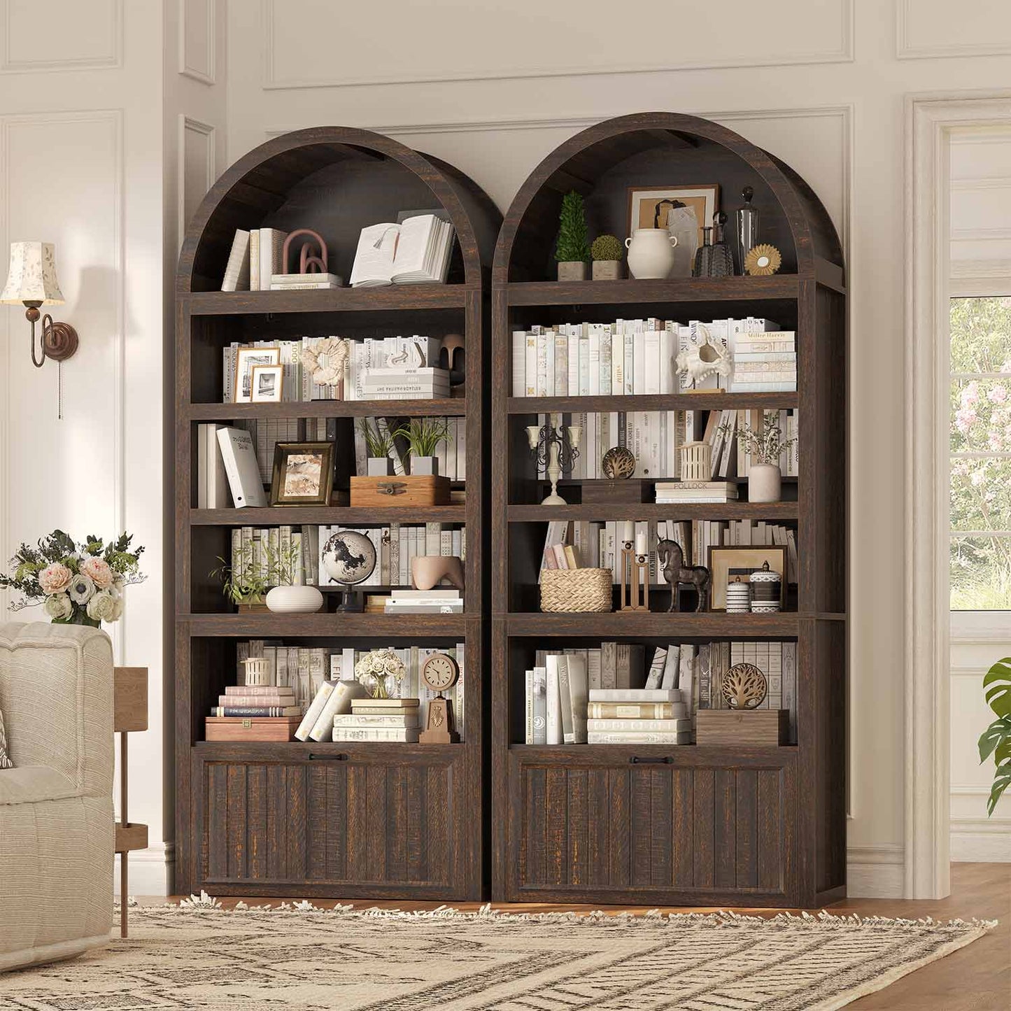 Arched Bookcase with Drawer storage & 2 Book Risers  Walnut 