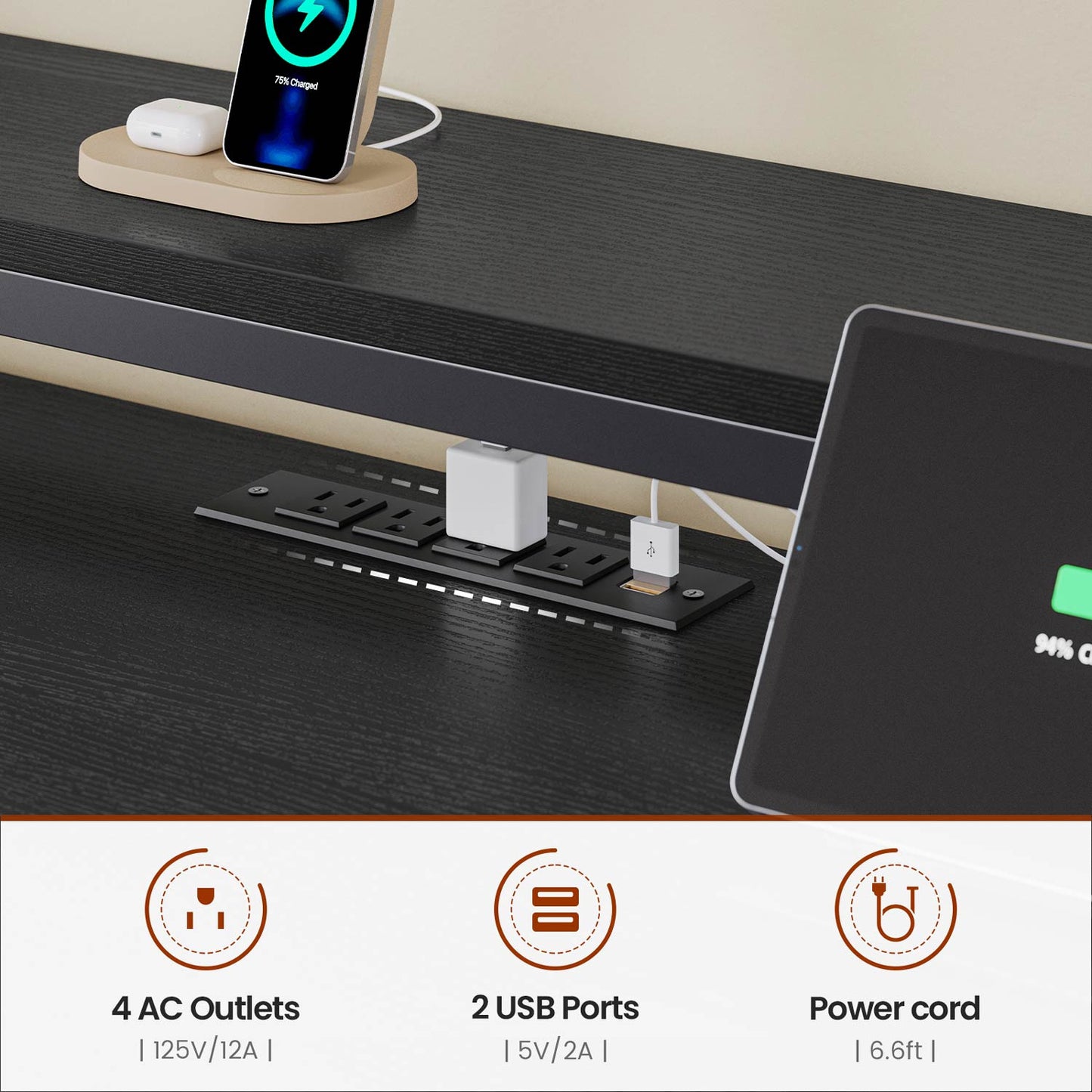 Reversible Computer Desk with Power Outlets & LED Light Black
