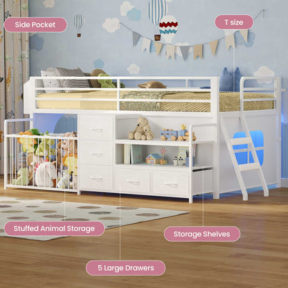 Twin Size Low Loft Bed with Storage Shelves Drawers and LED Lights White