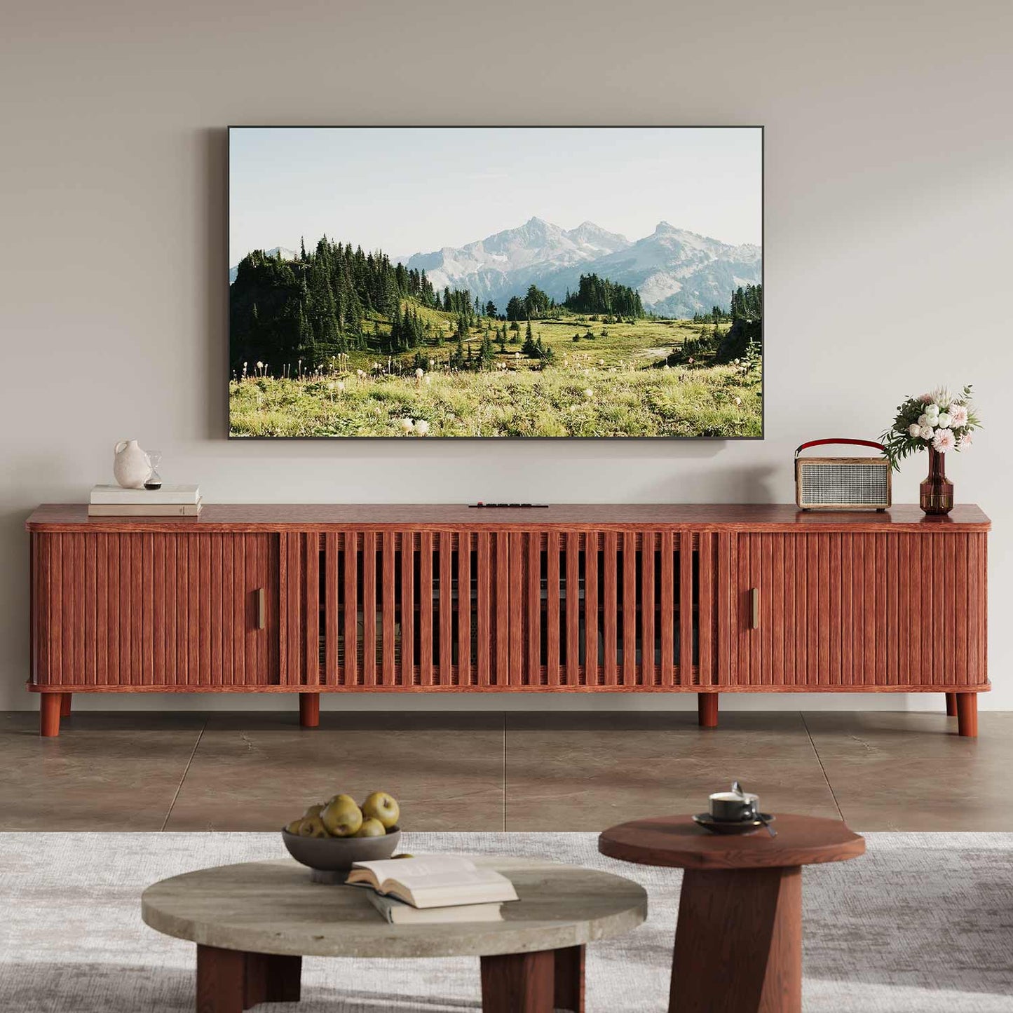 TV Stand with Fluted Sliding Doors & Station RGB LED Lights Media Console Cherry