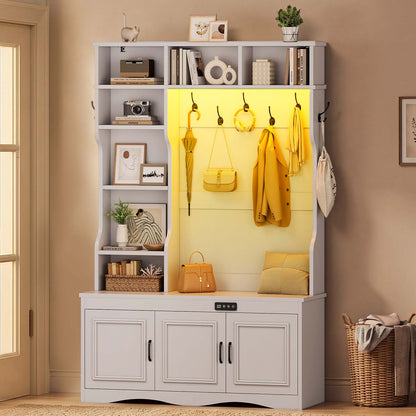 Hall Tree with Shoe Storage Coat Rack LED Lights and Bench White