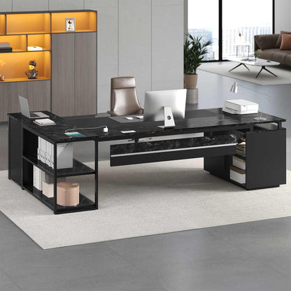 78 Inch L Shaped Executive Desk with Power Outlets Marble Grain