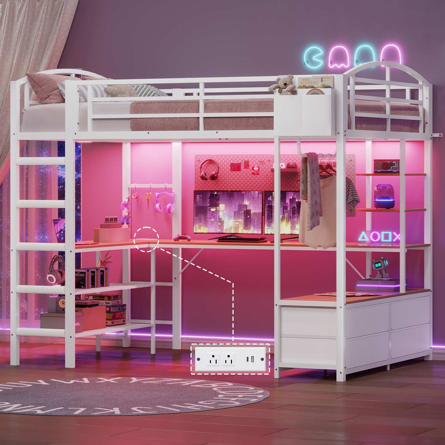Full Size Gaming Loft Bed with RGB LED Lights White
