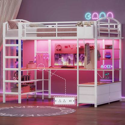 Full Size Gaming Loft Bed with RGB LED Lights White