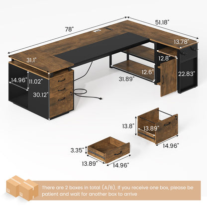78 Inch L Shaped Executive Desk with Power Outlets Rustic Brown