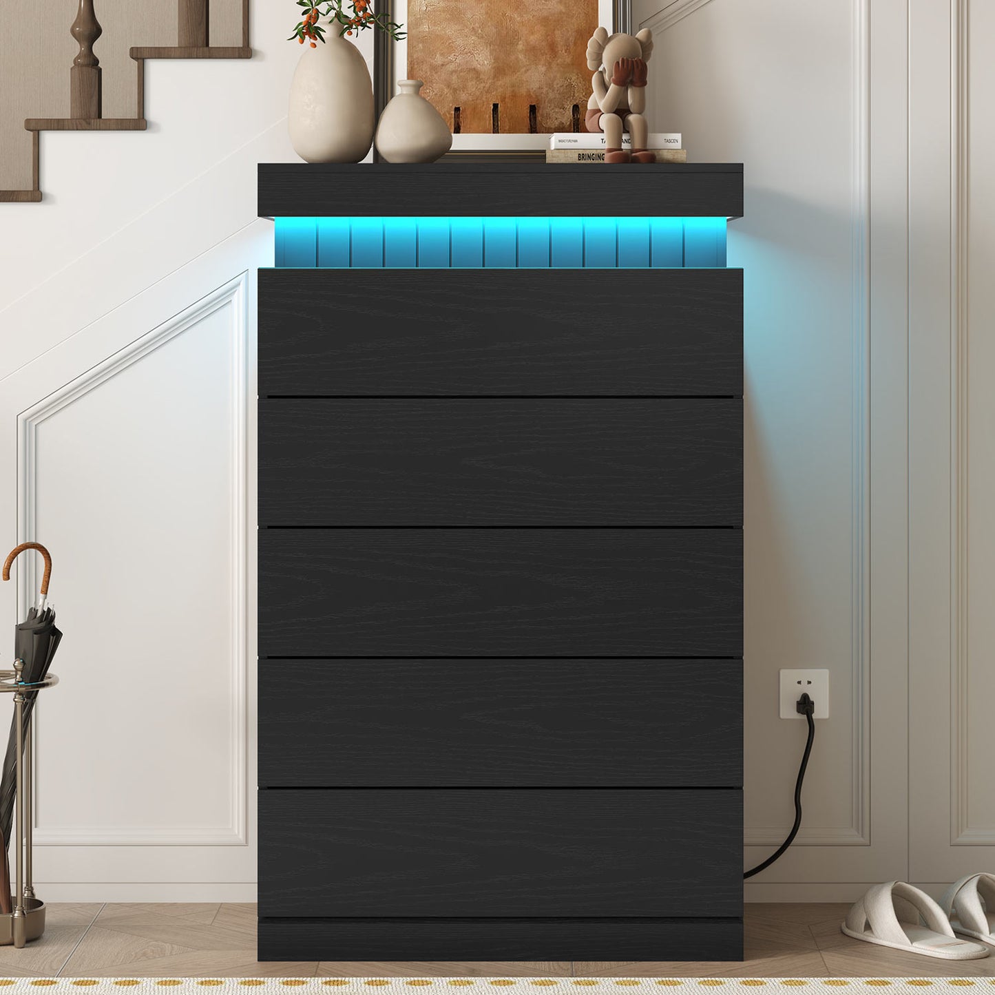 Modern Wood 6 Dresser  with LED Light and Power Outlet,Black