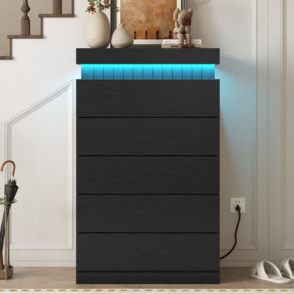 Modern Wood 6 Dresser  with LED Light and Power Outlet,Black