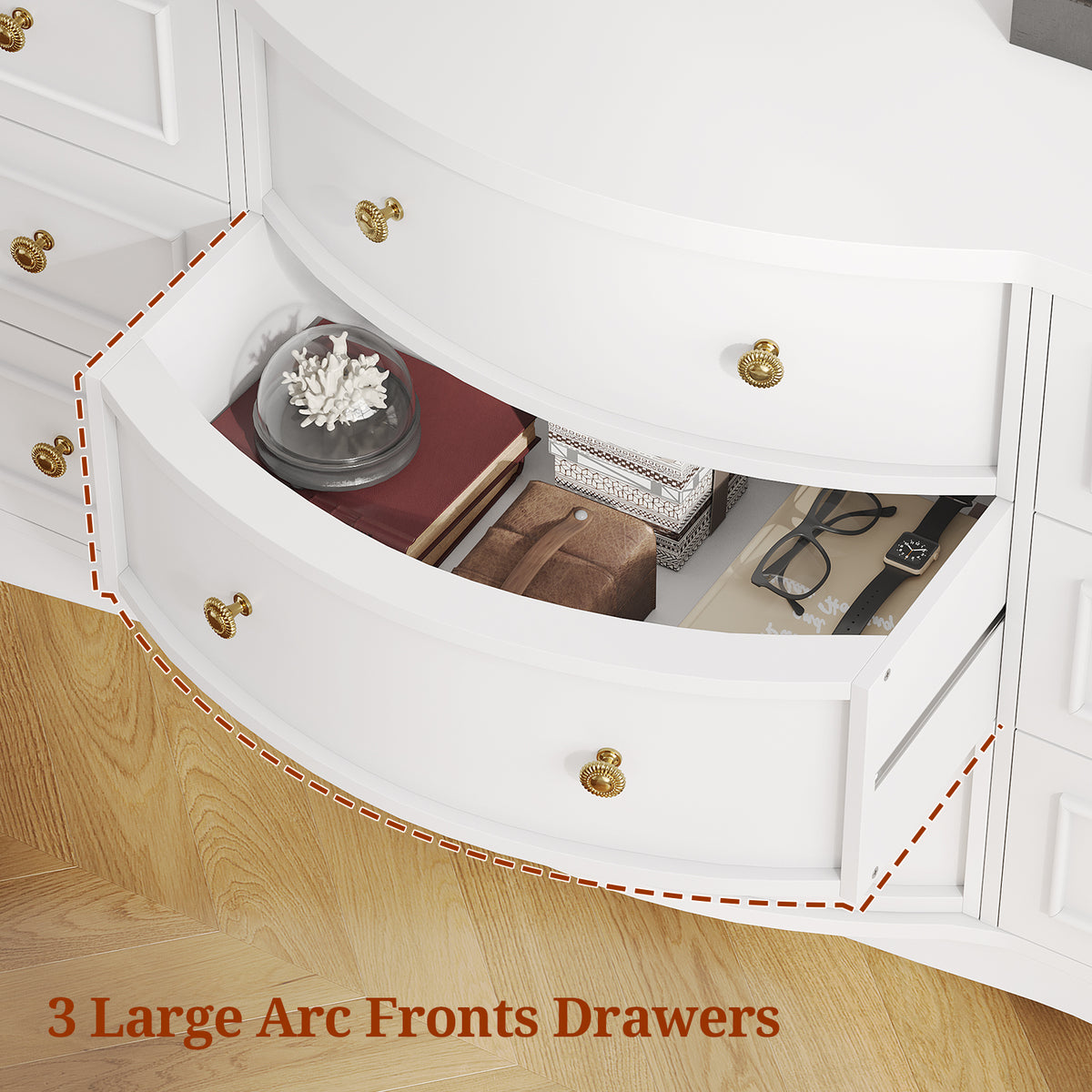 9 Drawer Dresser with Triple Arc Front White