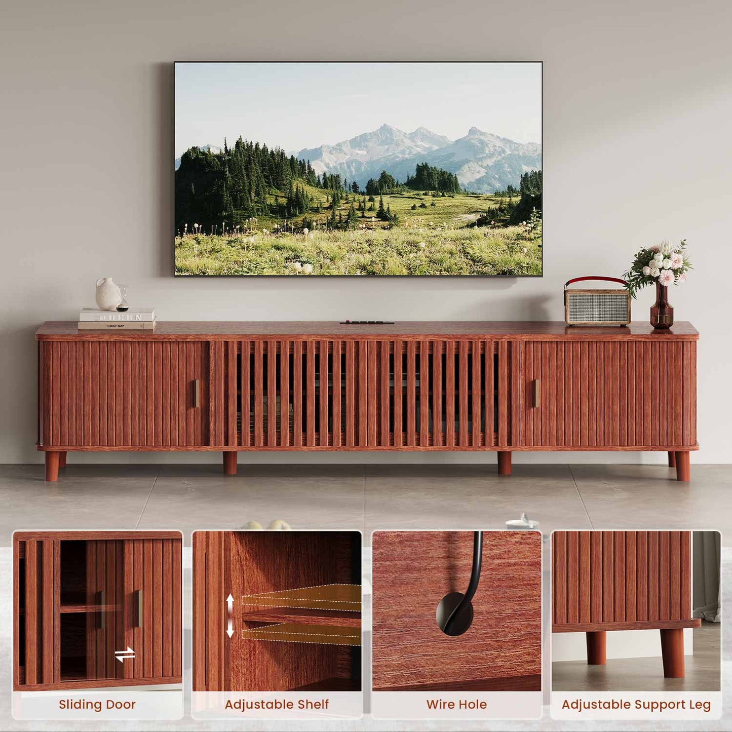 TV Stand with Fluted Sliding Doors & Station RGB LED Lights Media Console Cherry