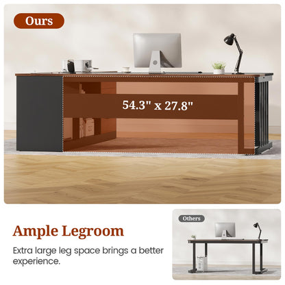 71" L Shaped Large Office Desk with Drawers & Storage Shelves Walnut