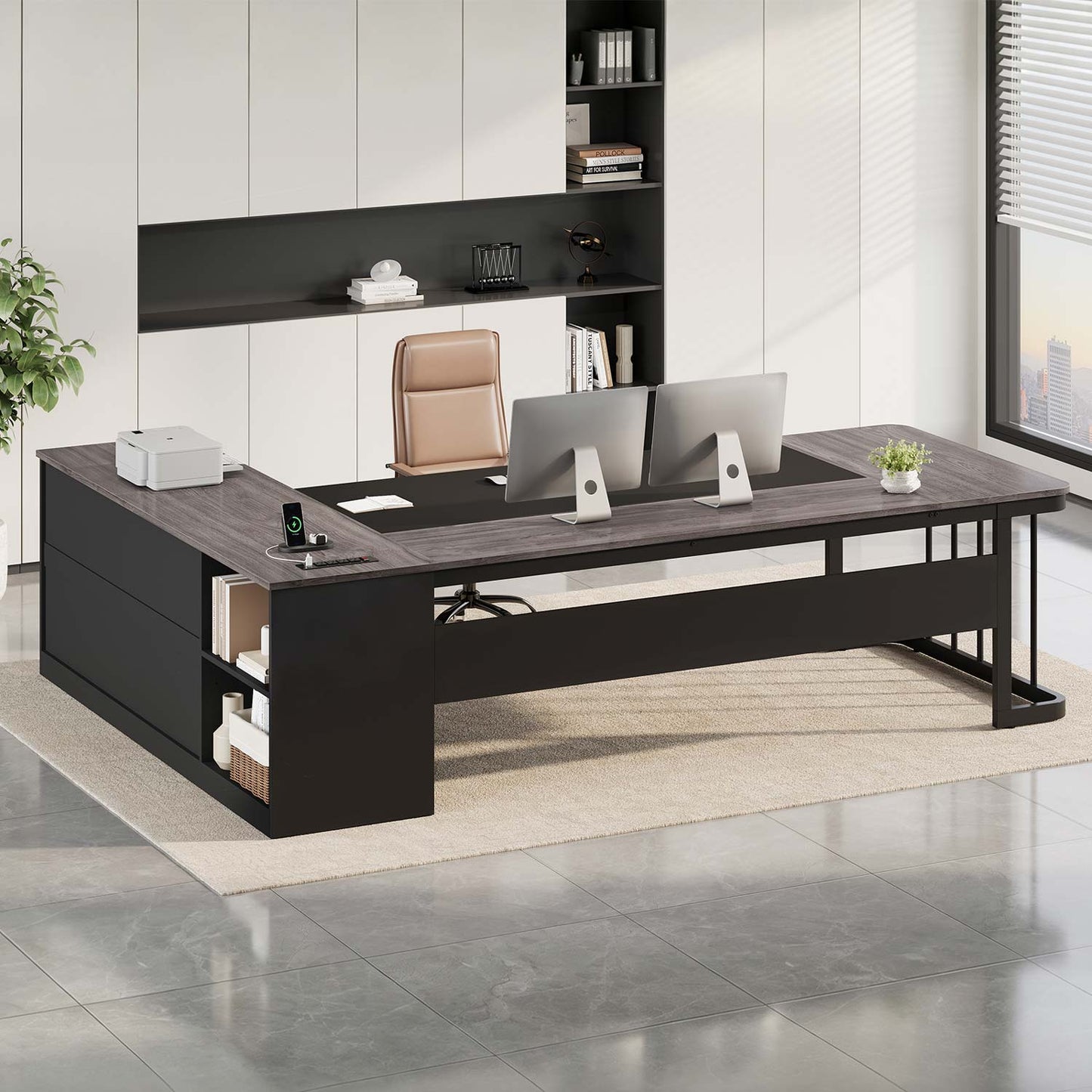 78.7" L Shaped Executive Desk with Drawers Storage Shelves Grey
